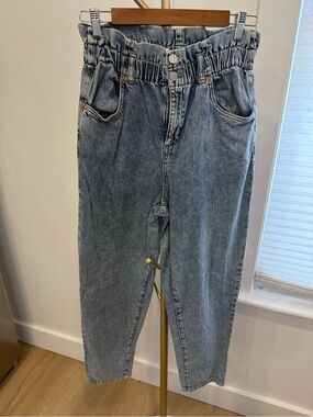 Garage High-Waist Paperbag Ankle Denim Pants - Light Blue